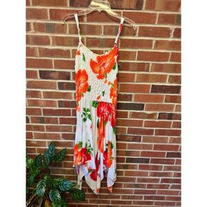 NWT Tropical Floral Smocked Sundress White Orange Handkerchief Hem